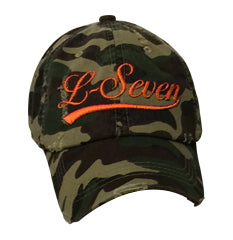 Distressed Camo L-Seven Dad Cap w/Orange script